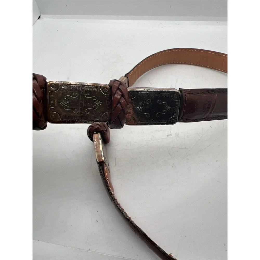 Brighton Women's Brown Leather Belt Embossed Silver Tone‎ Braided Accent